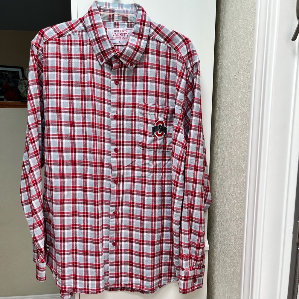 Men’s Ohio State Red & Gray Plaid Flannel Shirt - Size L - NWOT
